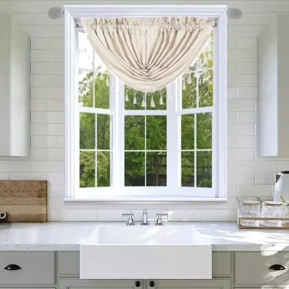 Rs8 1-Piece Ivory Waterfall Blackout Rod Pocket Window Valance With Decorative Trim 48"Wx 38"L