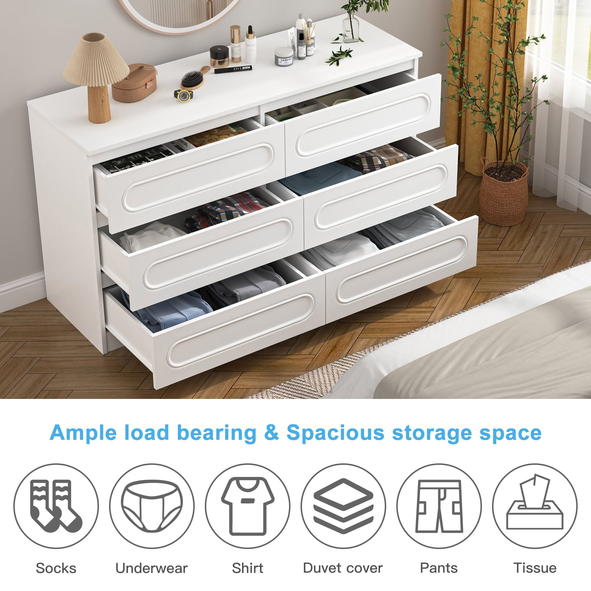 Demi Bonn 6-Drawer Double Dresser for Bedroom, 47" Chest of Drawers with Hidden Handle Wood Oval Pattern Drawer Fronts, Modern Bedroom Furniture, White