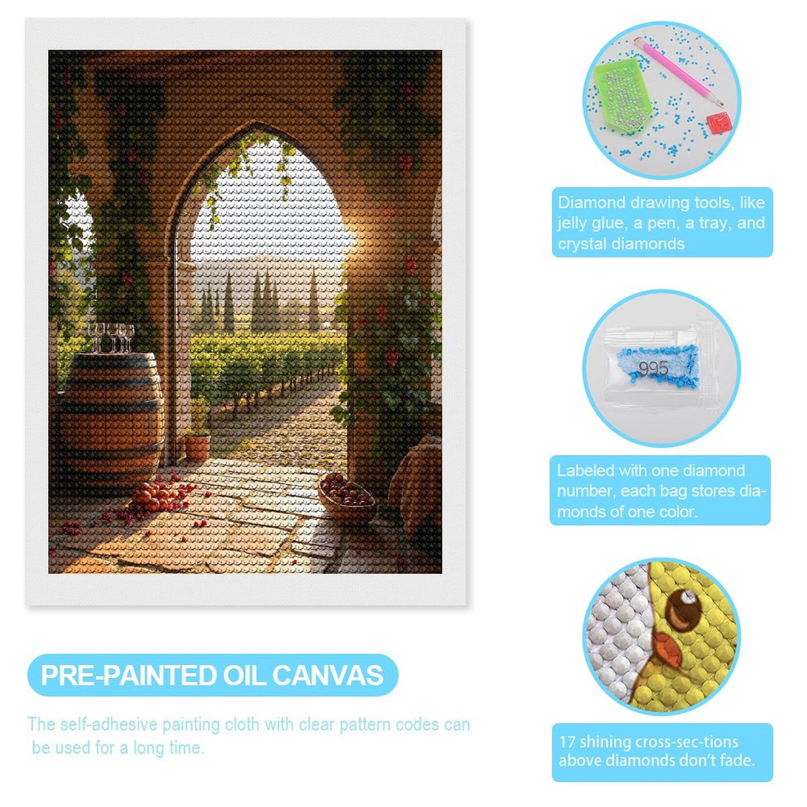 Diamond Art Kits for Adults, Vineyard Sunlight Rustic Barrel Grapes 5D Diamond Painting Kits for Adults Beginners, DIY Full Drill Diamond Painting, Gem Art and Crafts 12x16