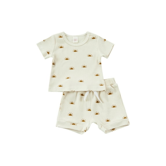 TSEXIEFOOFU Infant Baby Unisex Summer Suit, Short Sleeve Sun Printed Ribbed Knitted Tops+Printed Bandage Short Pants