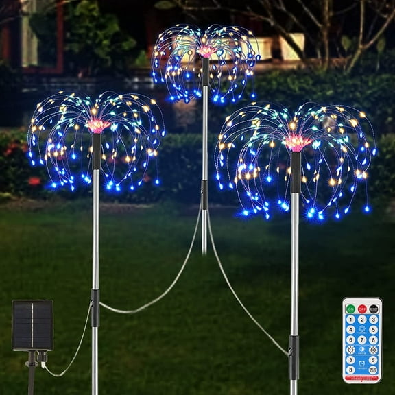Solar Garden Lights, Outdoor Firework Lights, 3 Pack 120 LED Solar Lights Decorative Stake with Remote, 8 Modes DIY Landscape Light Waterproof Lamps for Walkway Pathway Backyard Lawn(Colorful)