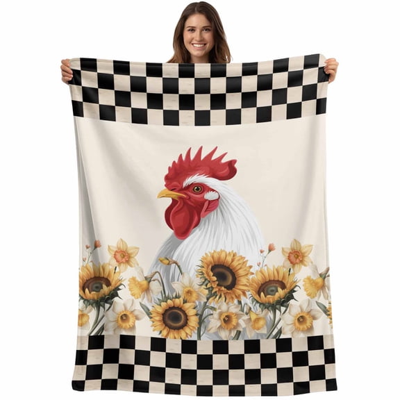 Sunflowers Rooster Blanket Soft Cozy Warm Throw Blanket for Couch, Plush Fuzzy Flannel Fleece Blankets for Sofa, Farmhouse Vintage Black White Plaid Bed Blankets Lightweight Gifts for Women, 50"x60"