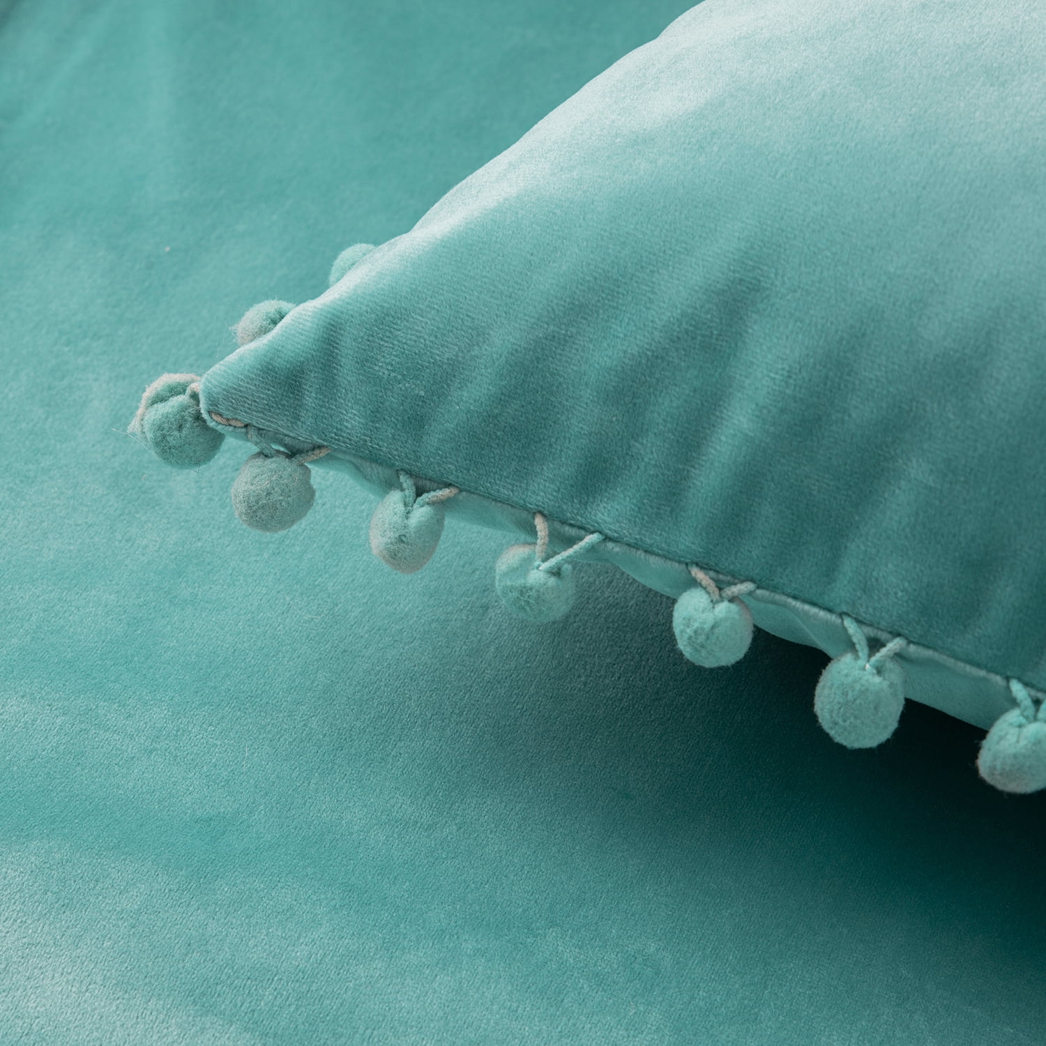 Phantoscope Turquoise Throw Pillow Covers 2 Pack, 12" x 20" Velvet Decorative Pillow Cases with Pom Poms, Soft Square Cushion Covers for Couch Sofa Bed