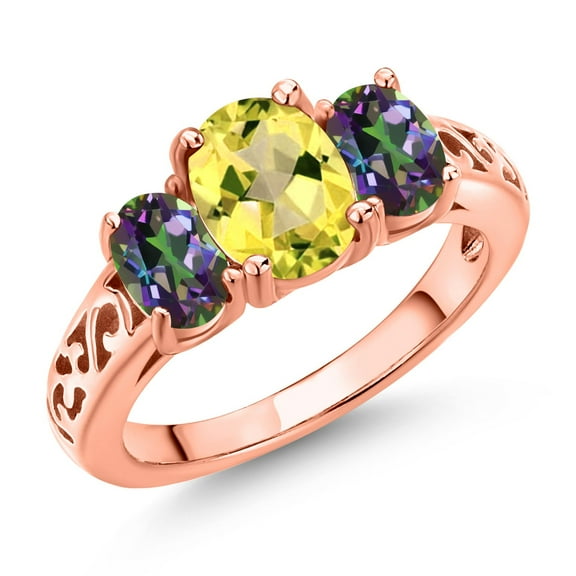 Gem Stone King 18K Rose Gold Plated Silver Canary Mystic Topaz and Green Mystic Topaz Filigree Style 3 Stone Ring for Women (2.76 Cttw, Oval 8X6MM and 6X4MM, Size 8) (Size 8)