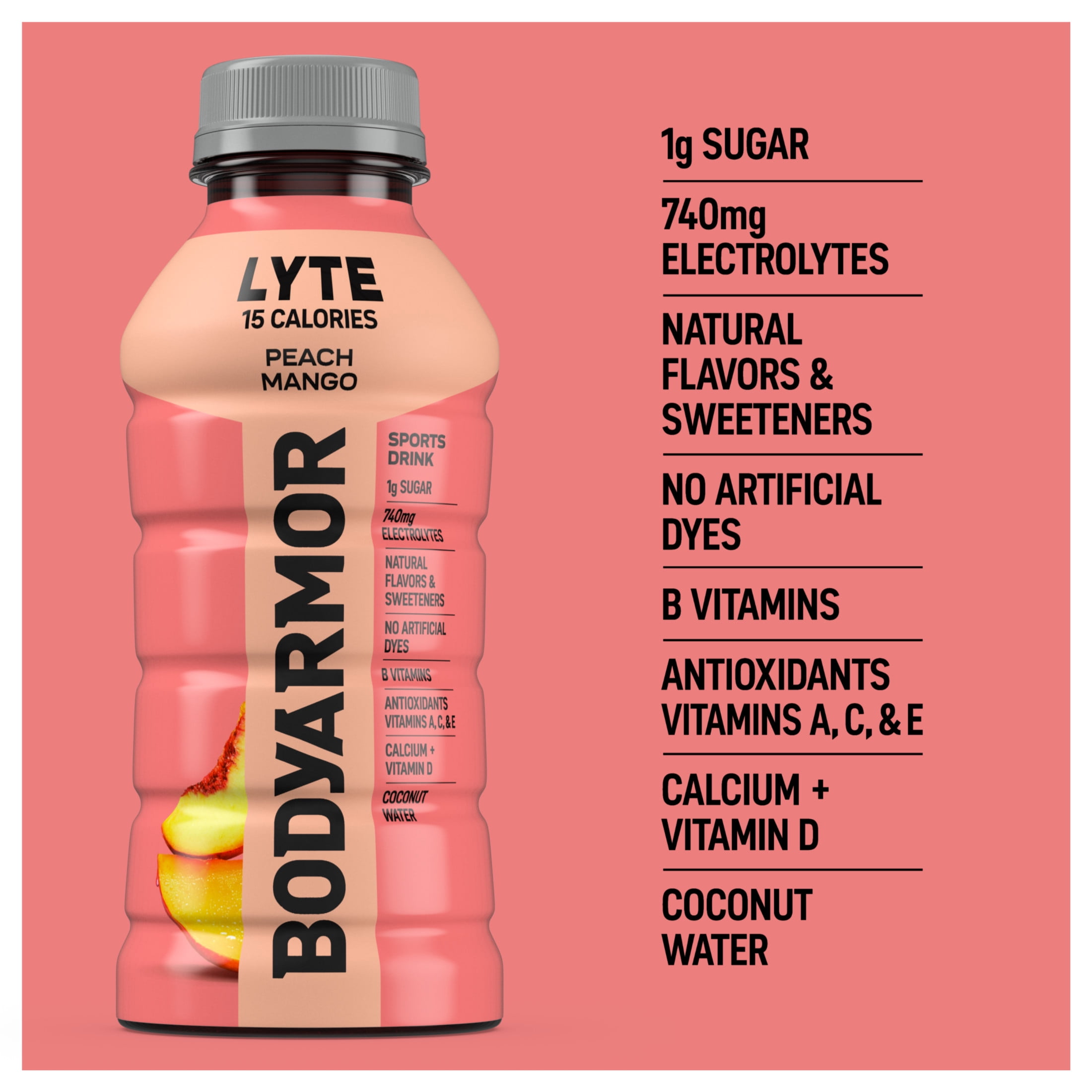 BODYARMOR Lyte Peach Mango Electrolyte Sports Drink Bottles, 12 fl oz, 8 Pack