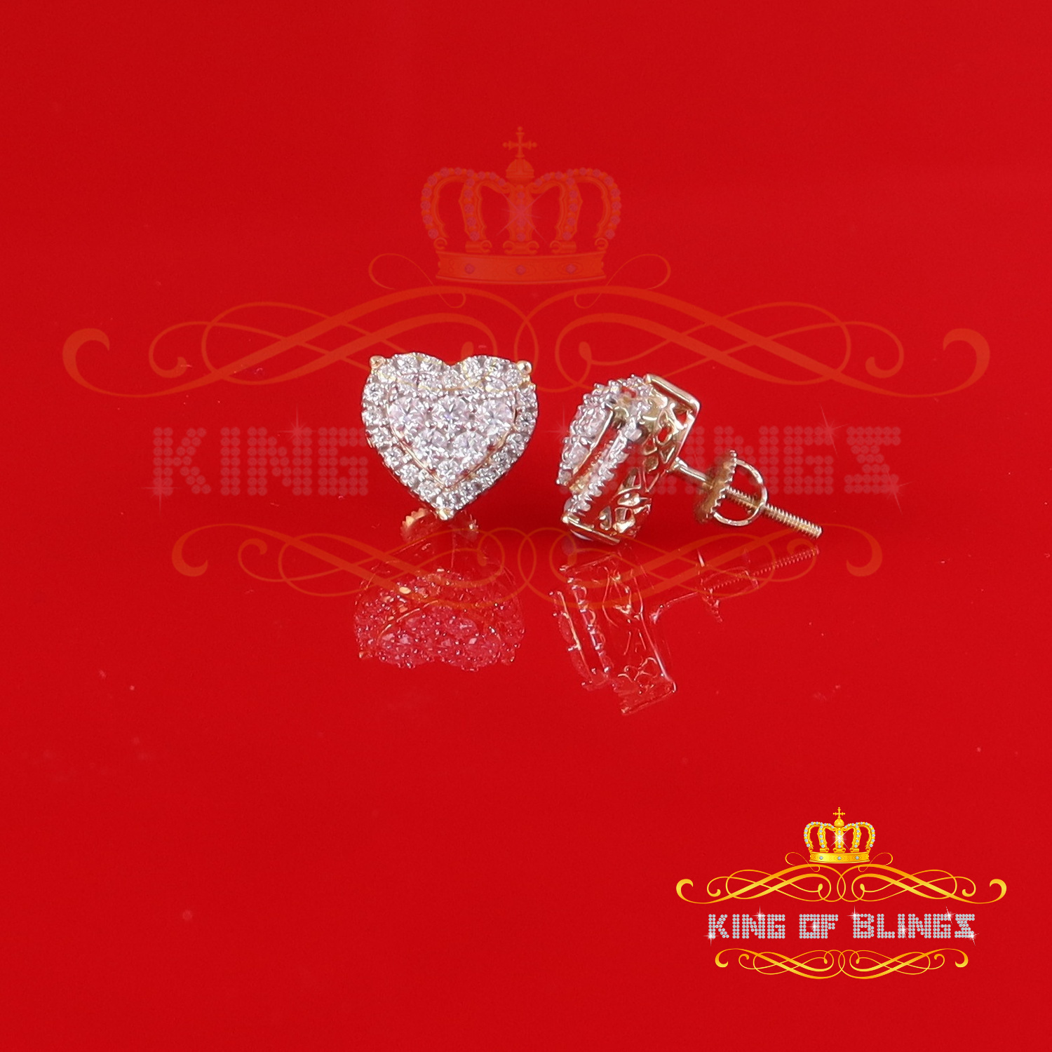 King of Bling's Men's/Womens 925 Silver Yellow 1.00ct VVS 'D' Moissanite 3D Heart Stud Earrings