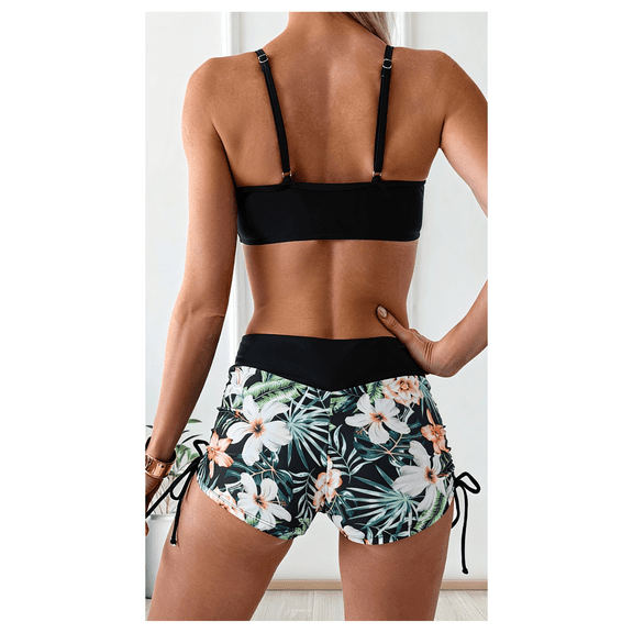 Floral Swimsuits for Women Drawstring Boyshorts Bikini Sets High Waisted Two Piece Bathing Suits Criss Cross Back Swimwear Summer Beach Outfits