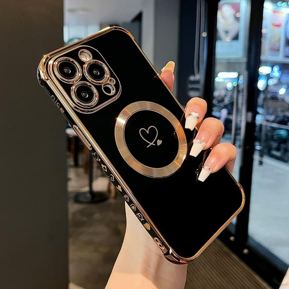 Magnetic Case for iPhone 14 Pro Max Case 6.7 inch [Compatible with MagSafe] Cute Plating Love Hearts Pattern Case with Camera Protection,Soft Shockproof TPU Bumper Cover for Women Girls,Black