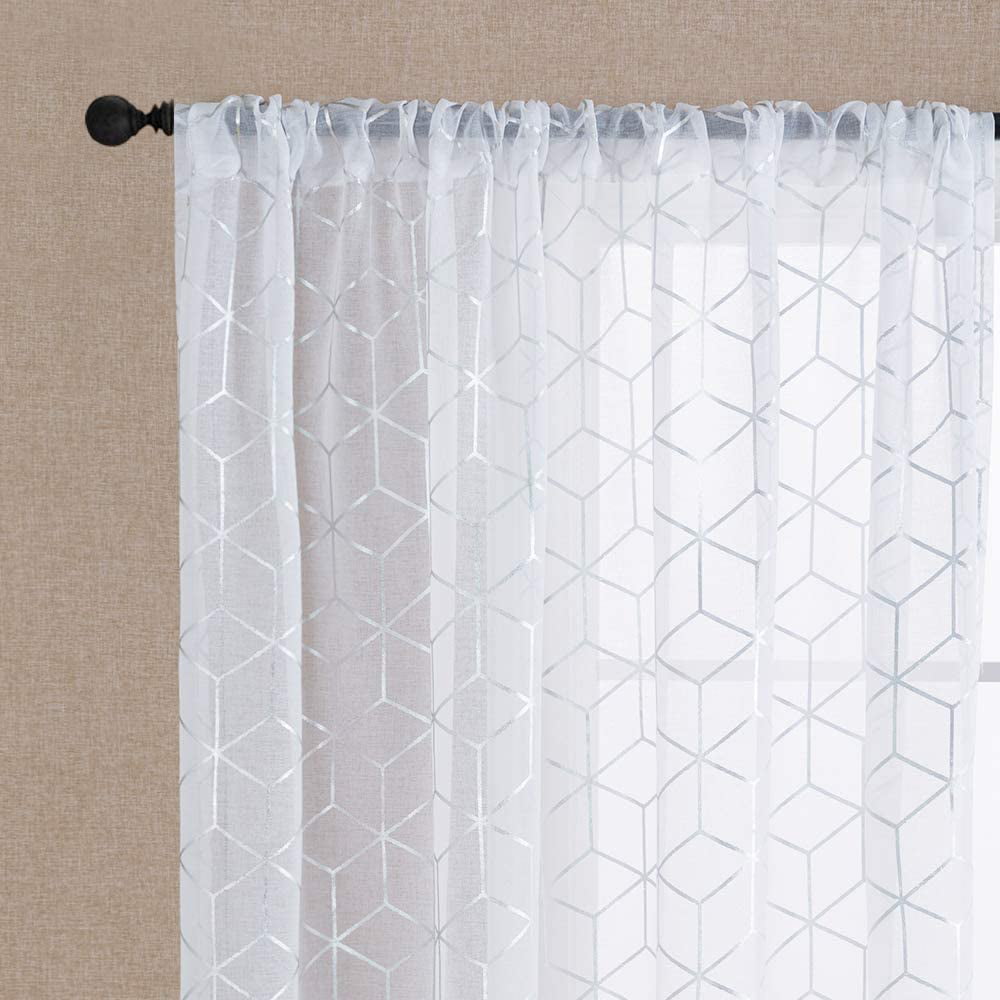 HUTO 2 Panels Small White Sheer Curtains 45 inches Long Rod Pocket Sheer Window Drapes Panels for Kitchen Bathroom
