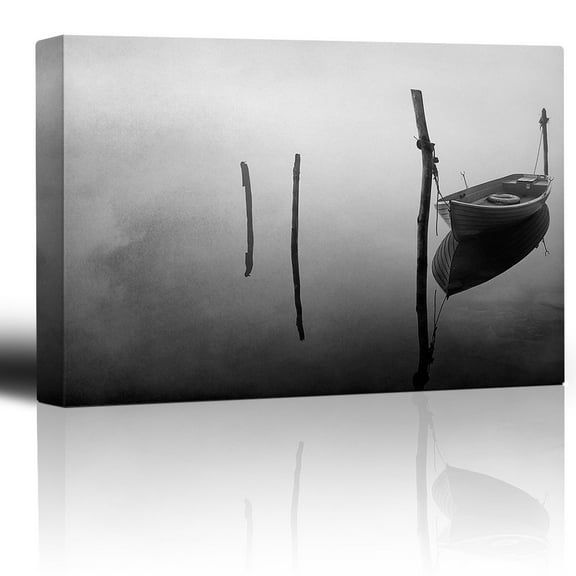 wall26 - Black and White Photo of a Lone Boat Floating on a Lake - Canvas Art Home Art - 12x18 inches