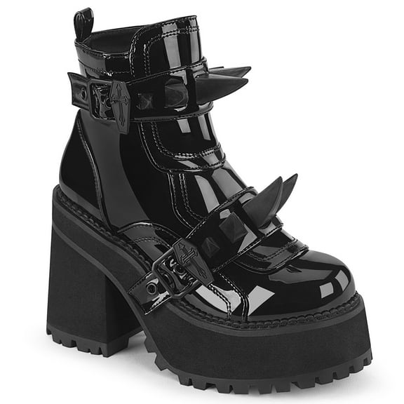 Demonia ASSAULT-72 Women's 4 3/4" Block Heel Cleated Black Patent Platform Ankle Boots with Rubber Claw Spikes