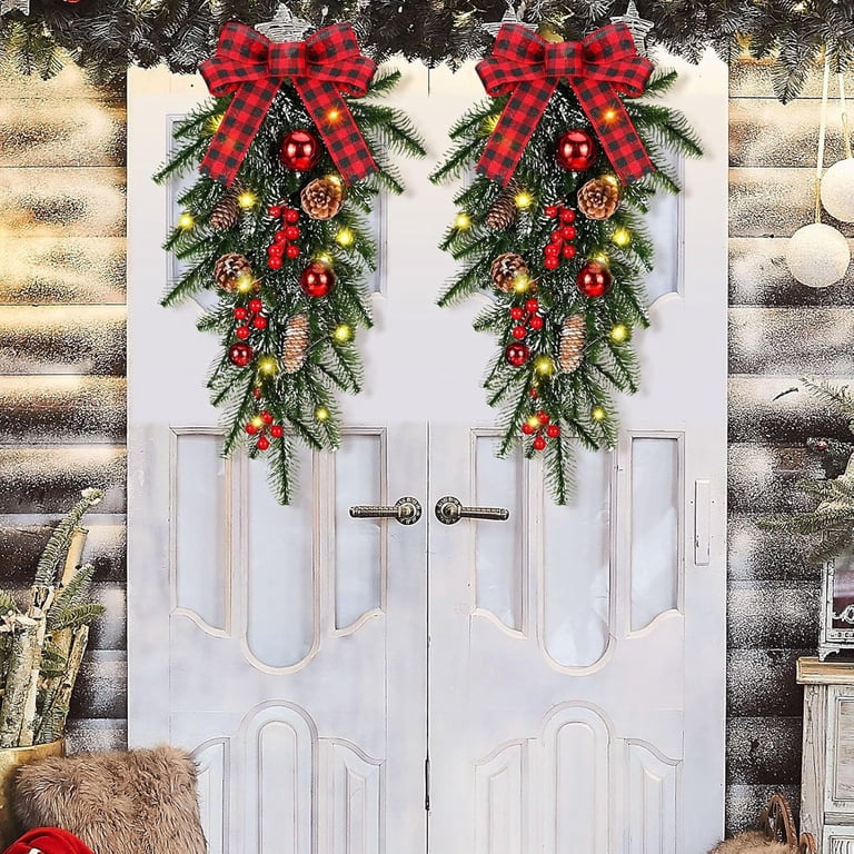 2 Pcs Extra Length Artificial Christmas Teardrop Swag - 30-Inch Faux Pine Needles Teardrop Door Swag - Christmas Norfolk Greenery Teardrop Wreath For Xmas Door Table Mantle Fireplace Decor