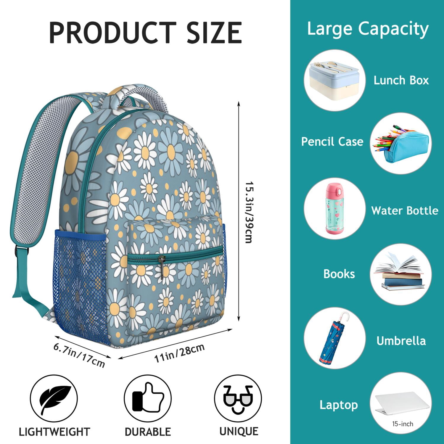 Watercolor Daisy Artwork School Bag - Breathable & Ergonomic for Teenagers