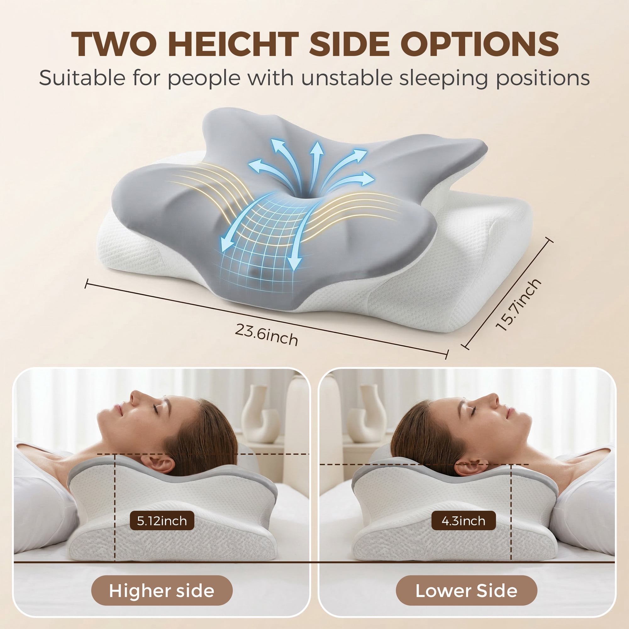 Riousery Cervical Neck Support Pillow, Memory Foam Contour Pillow for Back and Side Sleepers, Dual-Height Design, Cooling Cover