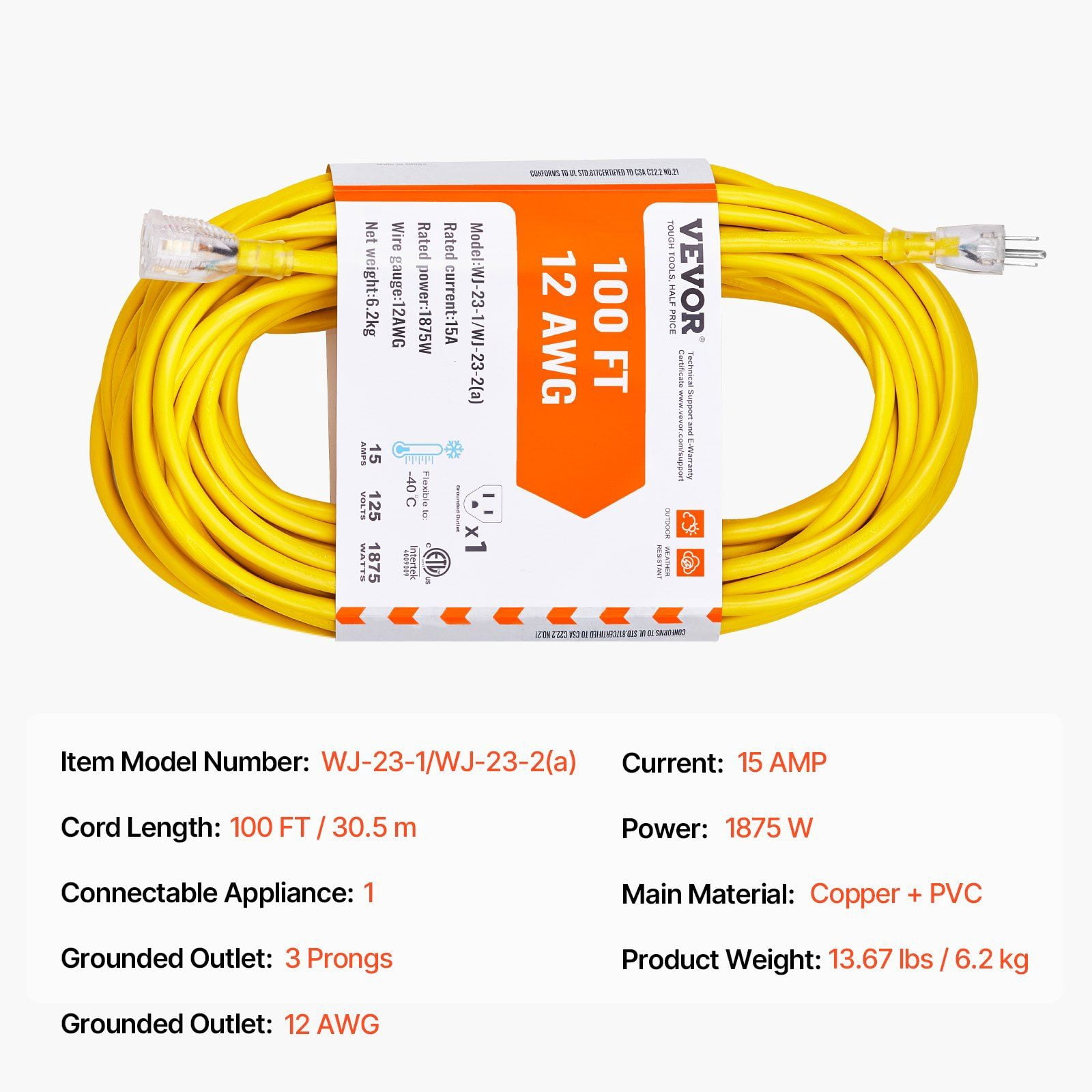 Heavy Duty 100FT Outdoor Extension Cord - 12AWG 15Amps 1875W, 3-Prong with Lighted Plug, Weather Resistant