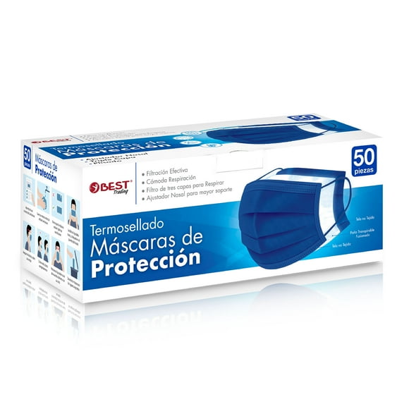 Best Trading Cubrebocas Azul 50 piezas, Mascarilla Desechable Termosellado Tricapa, Tapabocas con Ajustador Nasal Oculto y Tecnología Ligera de Filtrado Efectivo