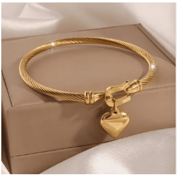 14K Yellow Gold Golden Color Heart Pendant Bracelets For Women Men Simple Buckle Charm Bangle Bracelets Waterproof Jewelry