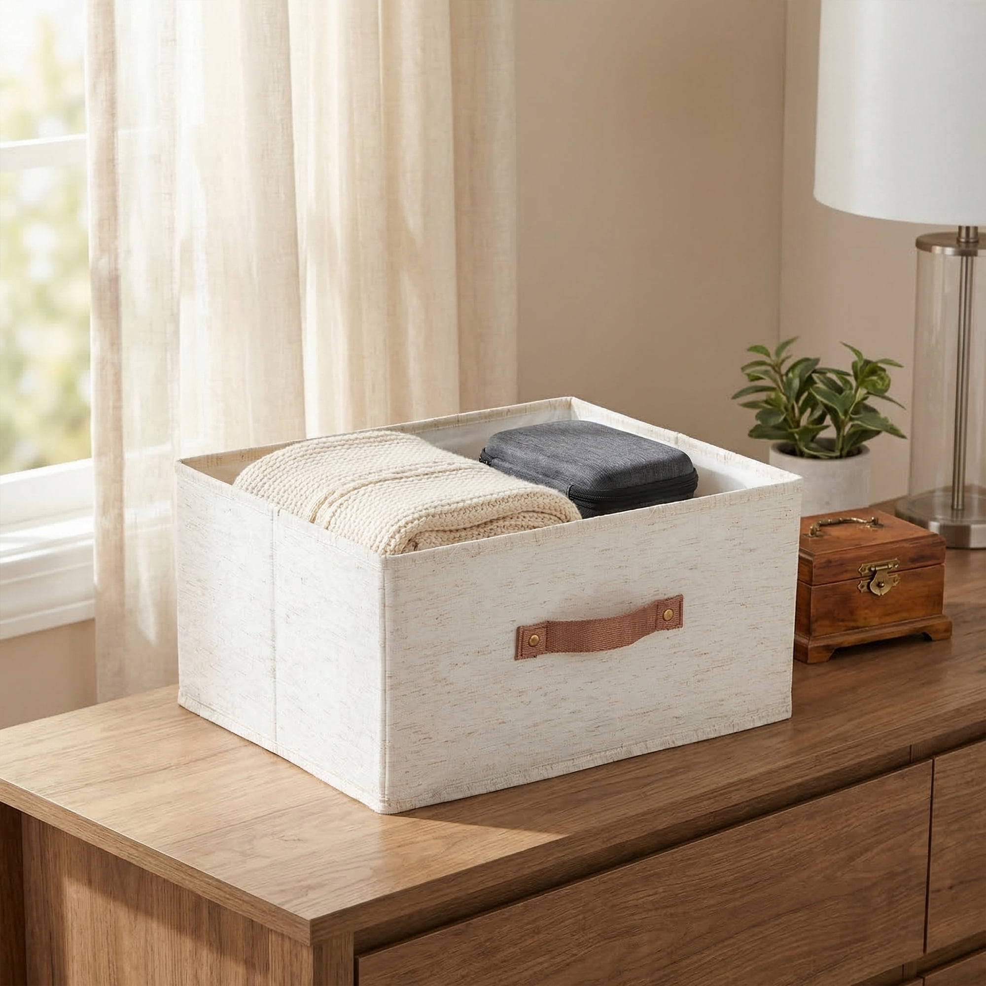 Unique Bargains 1pc Fabric Storage Bin with Handles Beige 15.7*11.8*7.9in