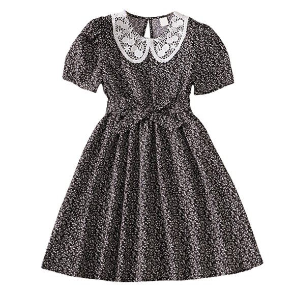 Gbsyewxs Girls Dresses Crew Neck Short Sleeve Floral Print With Lace Collar Elegant Summer Dresses For Kids Black Size 9-10 Years