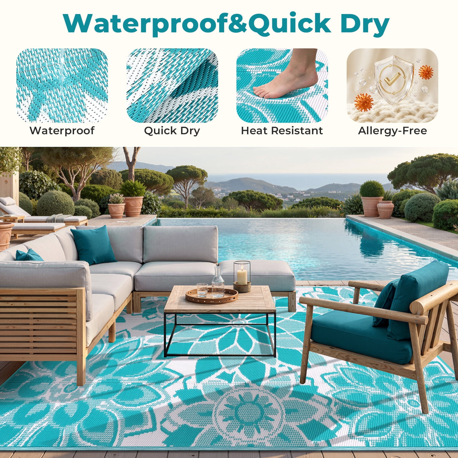 Findosom 6'x9' Outdoor Rug Patios Rug Waterproof RV Outdoor Rug Camping Rugs Reversible Plastic Straw Rug Large Outdoor Mat Outdoor Area Rug for Camping,Balcony Apartment,Patio,Picnic,Beach Teal