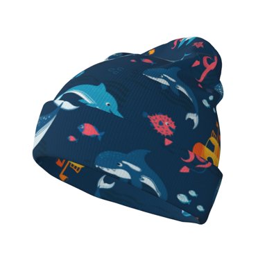 Lsque Ocean Floor Animals Pattern Knitted Beanie, Unisex Winter Hat, Knit Hat Winter Beanies Thick Fisherman Beanies Cuffed Plain Skull Caps