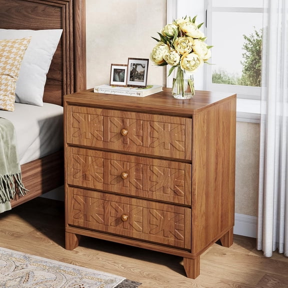 Tribesigns Nightstand with 3 Drawers, Farmhouse Bedside Table with Unique Patterns, Industrial Night Stand End Table for Bedroom, Living Room, Brown