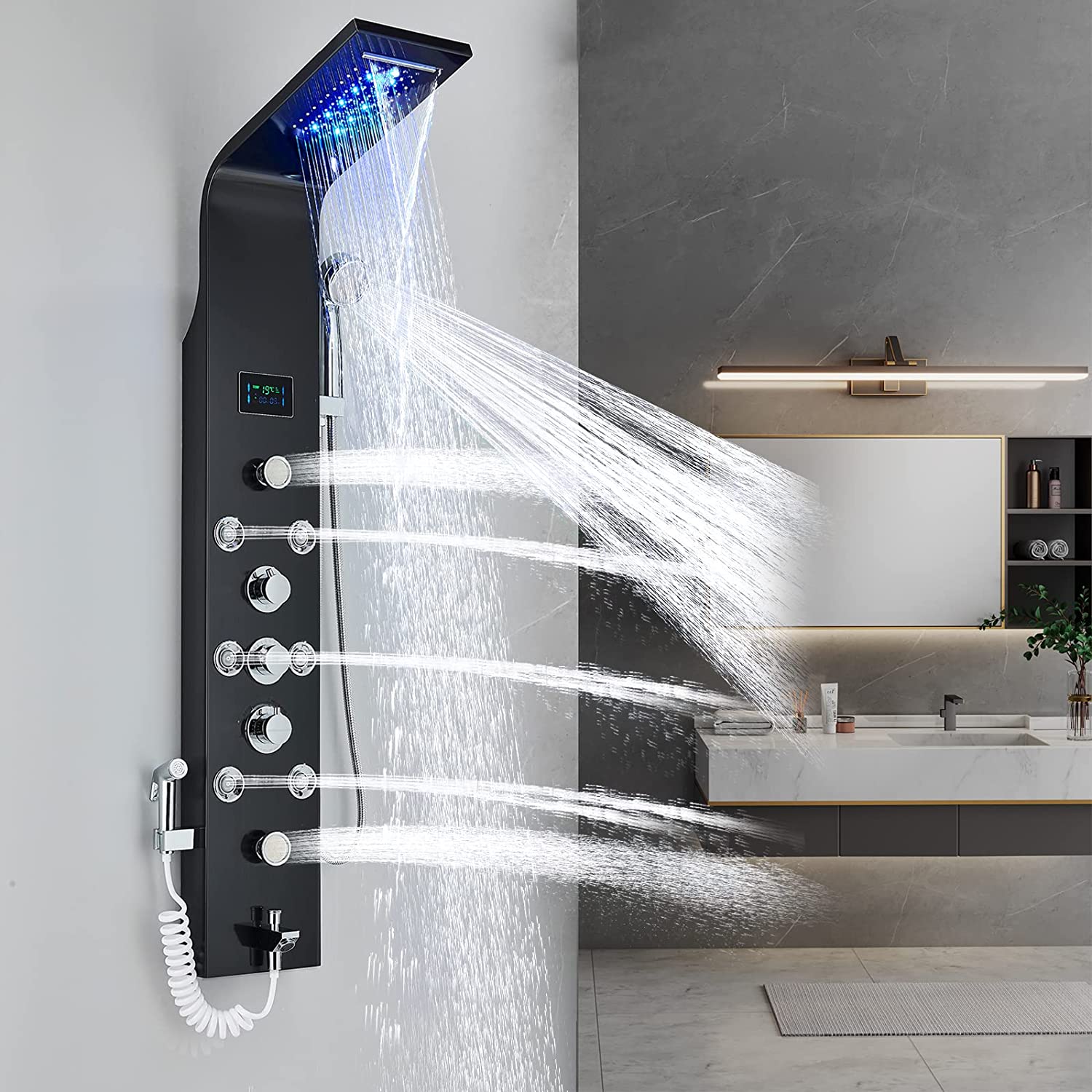 Shower Panel Tower LED Shower System with 6 Functions Unique Powerful hydromassage and Bidet Tap Shower Tower Wall Mounted Black