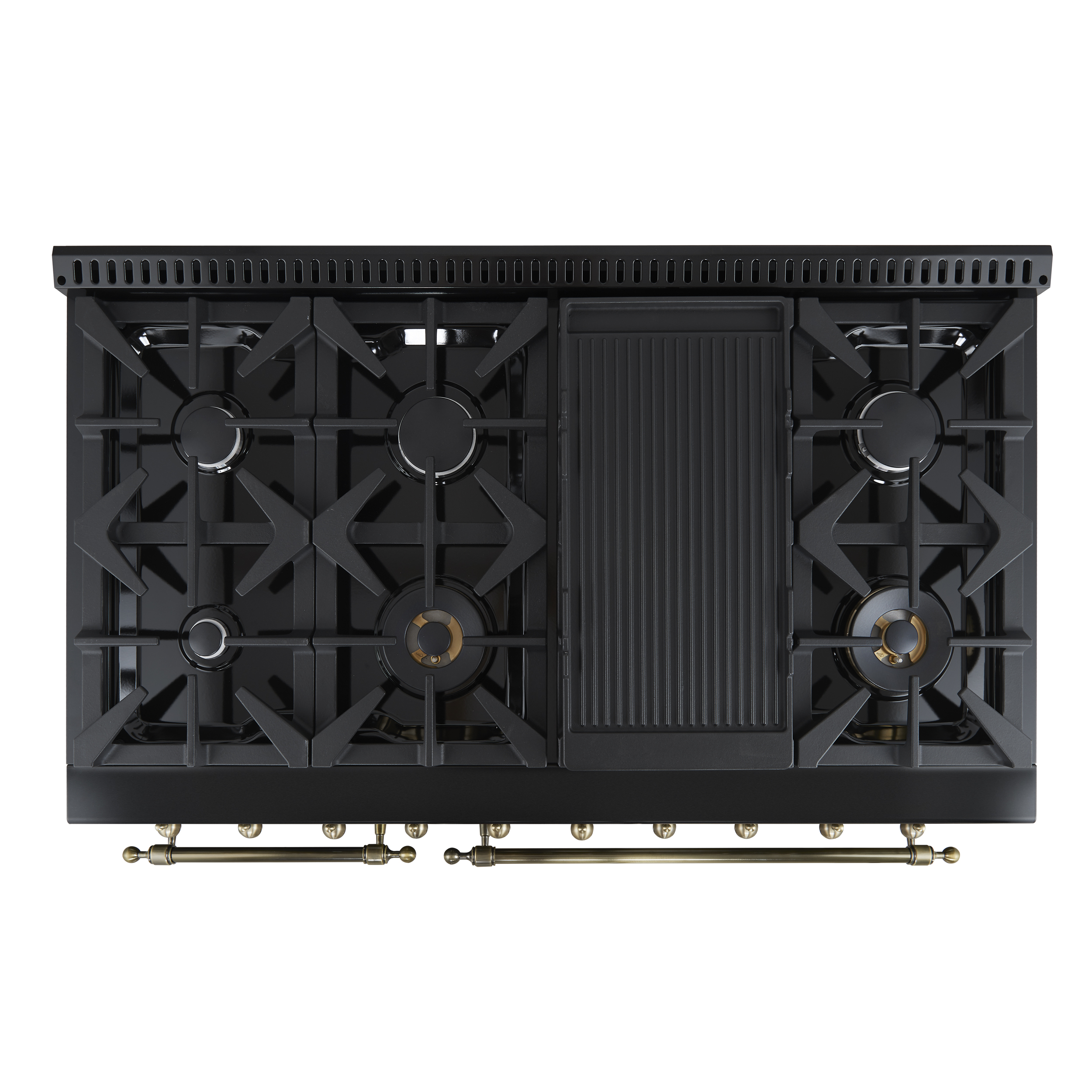 Forno Antico 48-Inch Dual Fuel Range, Black with Antique Brass Finish, 8 Burners, 94,000 BTU, 5.5 cu.ft. Double Ovens  Griddle
