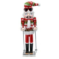 Ornativity Christmas Skier Man Nutcracker Red and Green Wooden Guy with Ugly Sweater and Ski Sticks