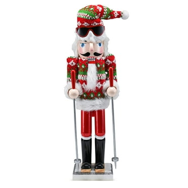 Ornativity Christmas Skier Man Nutcracker Red and Green Wooden Guy with Ugly Sweater and Ski Sticks