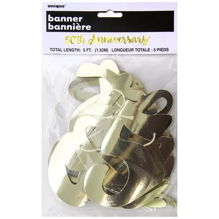 50th Anniversary Decorations - Script 50th Anniversary Banner, 4.25ft, Gold, 1ct