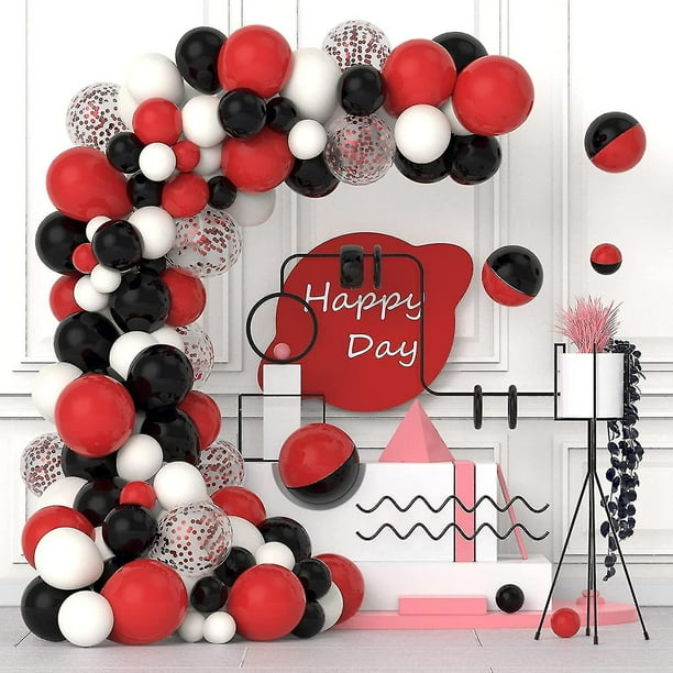 Rojo, negro, blanco Kit de arco de guirnalda de globos - 120 piezas de globos de látex con confeti blanco, rojo y negro para fiesta de circo, barbacoa, casino, graduación, baby shower, madre