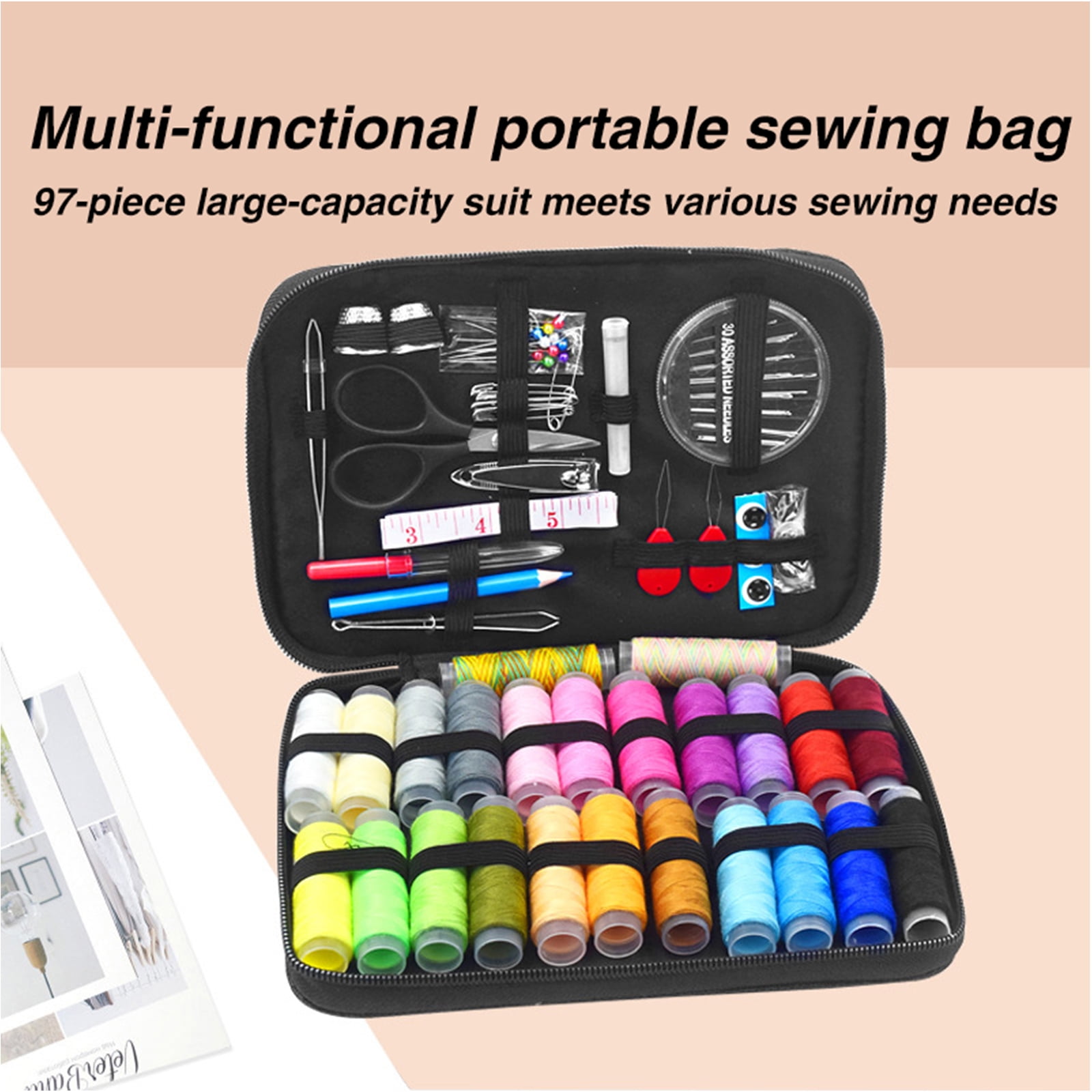 Sewing Kit with Case, 97 pcs Sewing Supplies for Home Travel and Emergency, Contains 24 Spools of Thread, Mending and Sewing Needles, Scissors, Seam Ripper, Needle Threaders etc