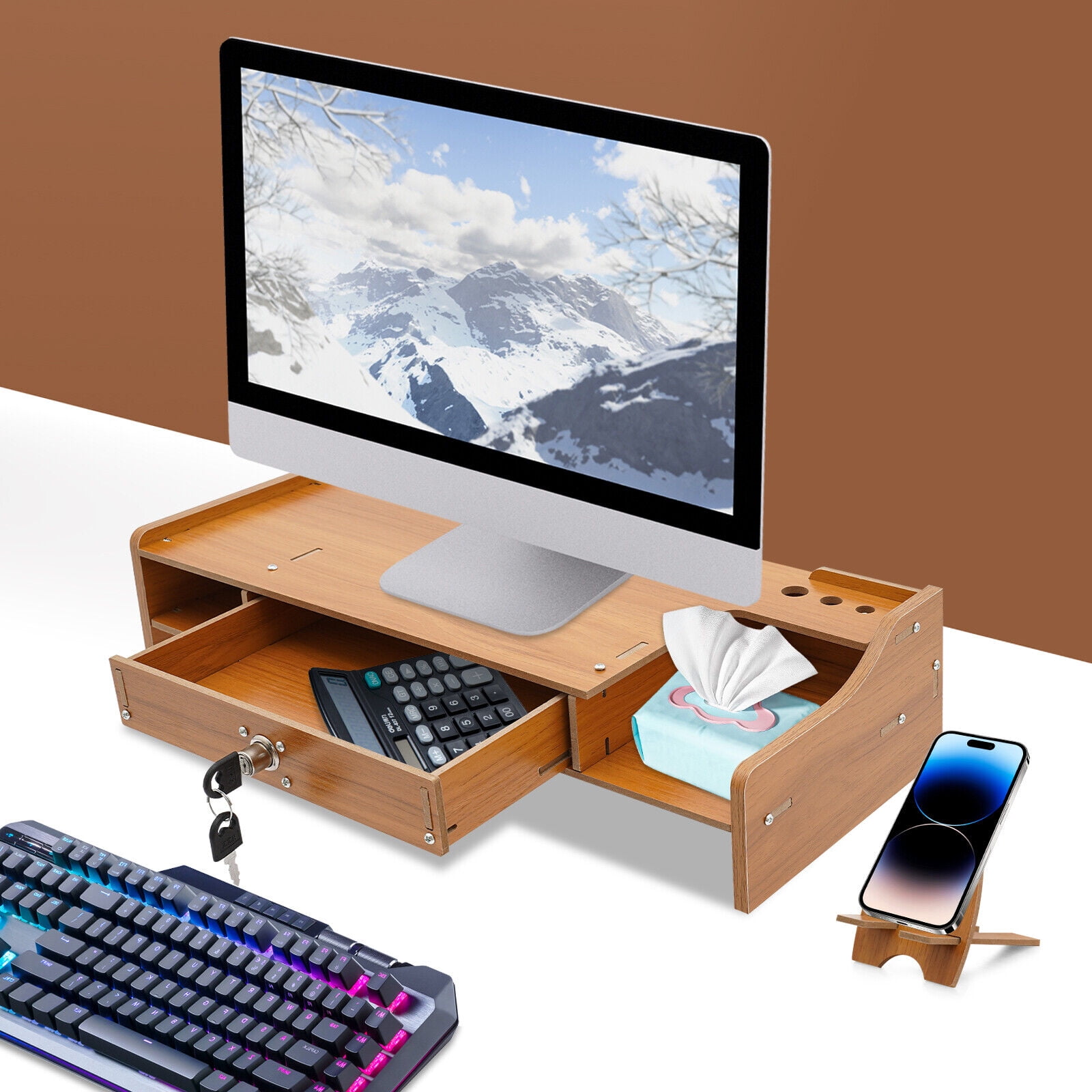 Miumaeov Wood Monitor Riser w/ Drawer Computer/Laptop/PC Stand for Desk Organizer