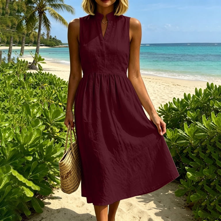 cotton a line summer dresses Qunyiney Solid Womens Sundress A Line Midi Cotton Linen Sleeveless Slip Dress Loose Fit Summer Beach V Neck Dresses, Women's, Size: Small, Green