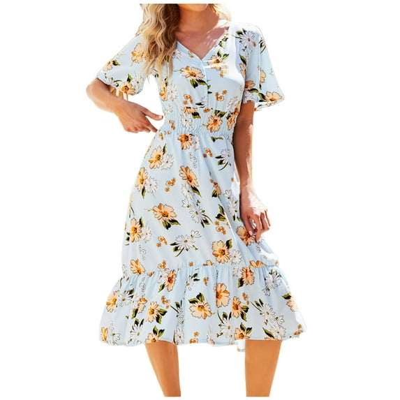 Summer Boho Dresses for Women Floral Button Maxi Dress Short Sleeve Ruffle Hem A-Line Bohemian Cocktail Dresses