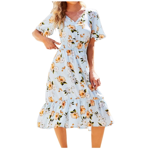 Vestido de manga corta con estampado de volantes y cuello en V informal con botones de verano para mujer a la moda Fridja qw6411