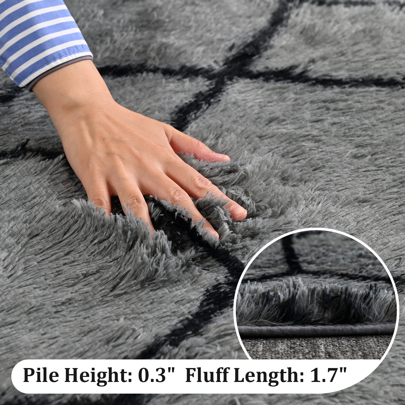 Pentantan 8ft x 10ft Shag Area Rugs for Living Room, Modern Geometric Fluffy Bedroom Carpet, Black & Gray