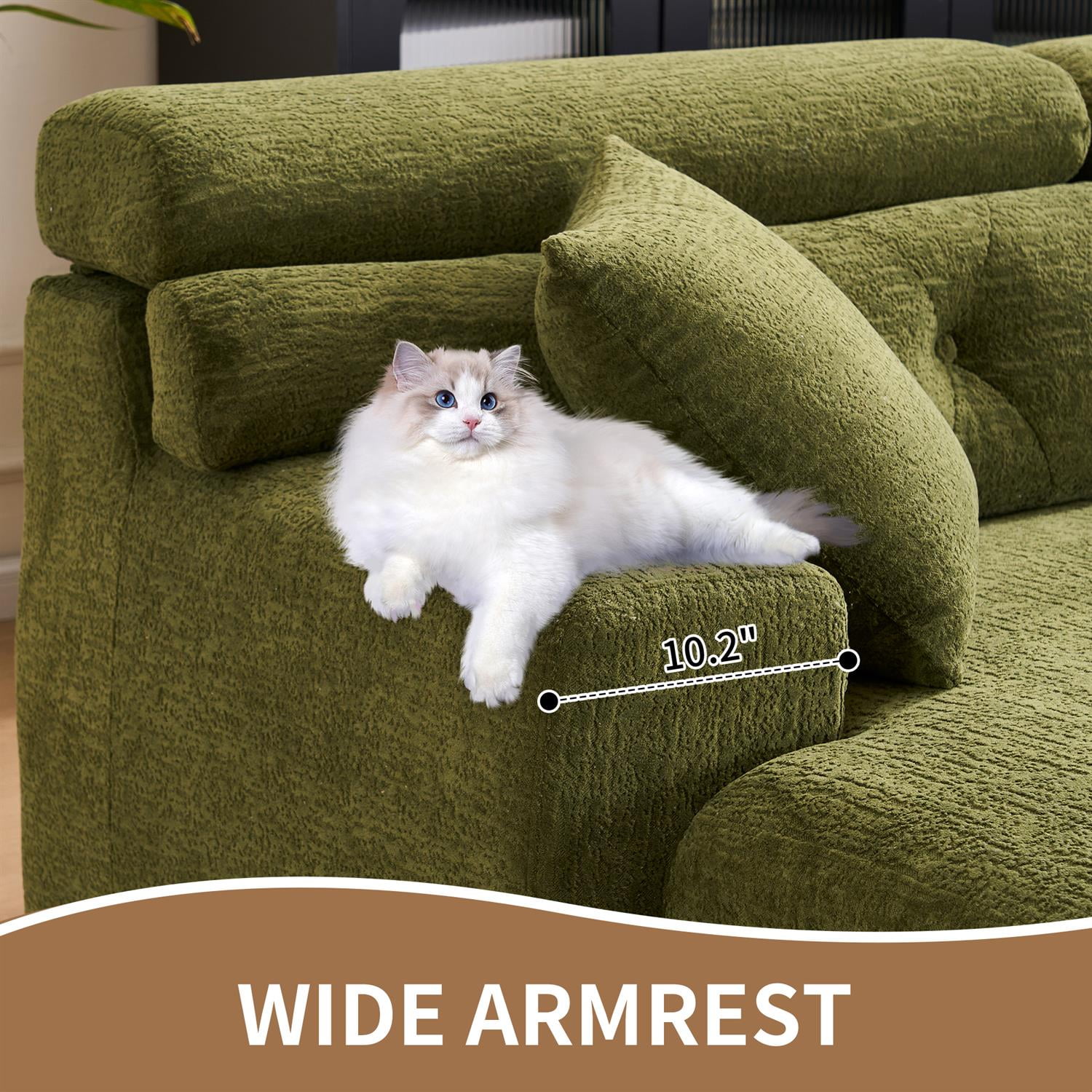 Demi Bonn 105" Modern L-Shaped Sectional Sofa, 3-Seater Couch with Chaise Lounge, 2 Accent Pillows, Wood Grain Chenille Fabric for Living Rooms, Green