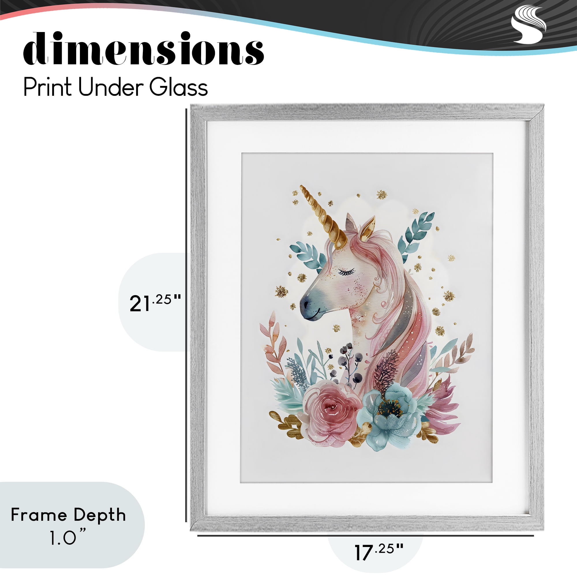 Stupell Industries Floral Unicorn with Gold Details Gray Framed Print Under Glass, design by LSR Design Studio