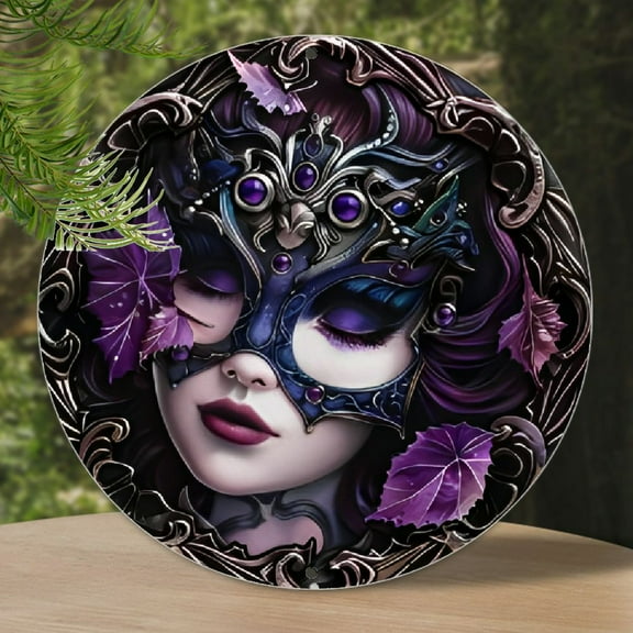 1pc Classic Style Round Aluminum Decorative Sign - Mardi Gras Carnival Mask Wreath, Multipurpose Wall Hanging, Non-Electric, Weather-Resistant Home & Office Wall Art, Party Decor, Ideal for Halloween