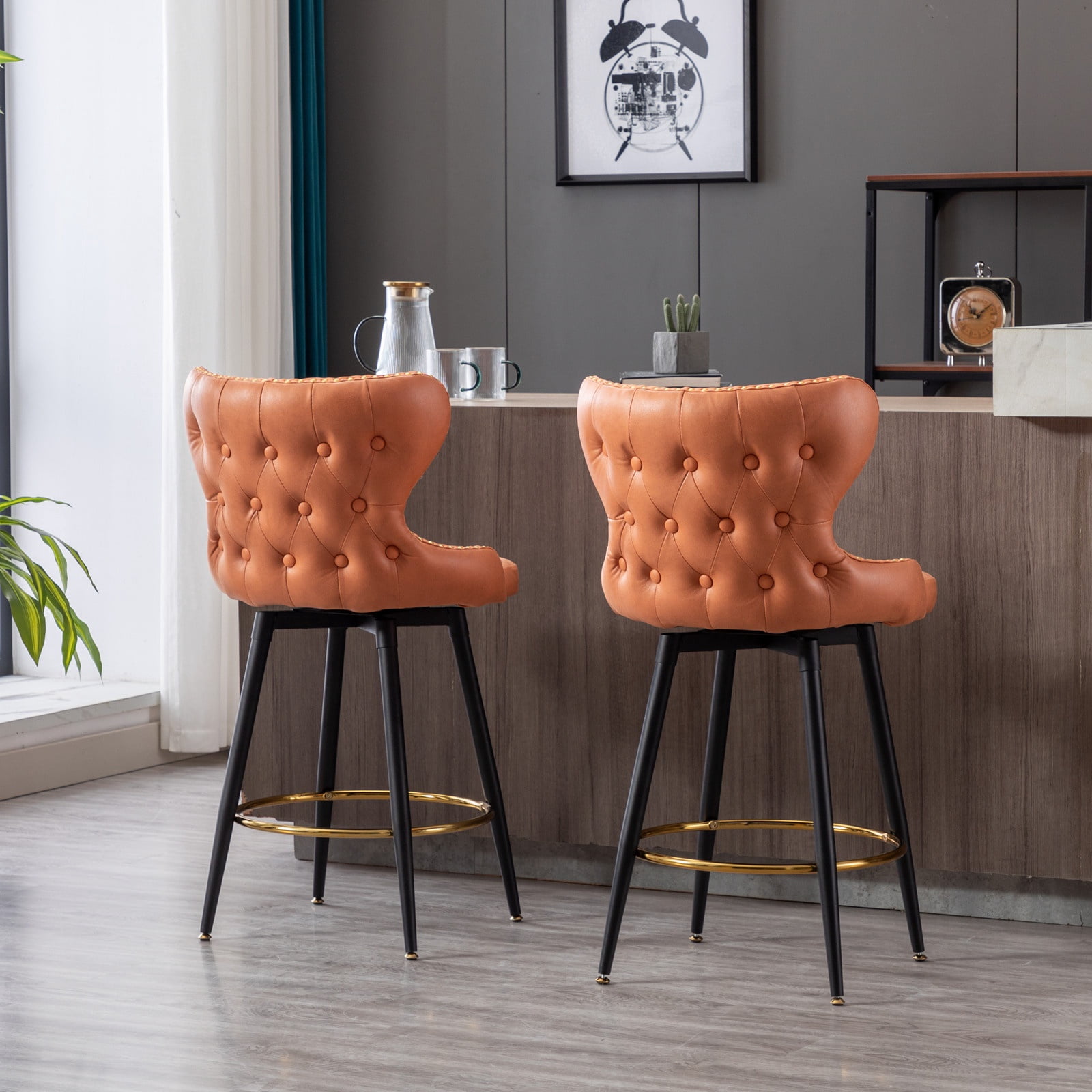 PORKISS Bar Stools Set of 2, 180° Swivel Bar Stool Chair, Modern PU Leather Bar Chairs for Home and Kitchen Counter, Orange