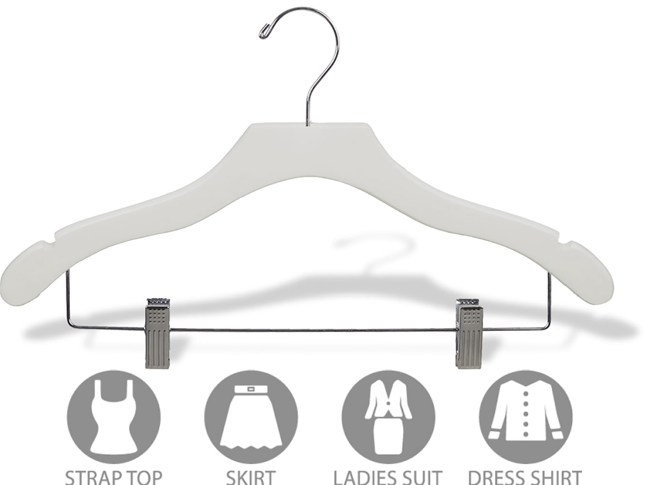 International Hanger Wooden Wavy Combo Hanger, White Finish with Chrome Hardware, Box of 100