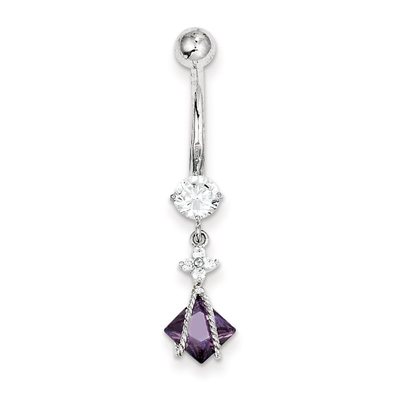 Primal Gold 10 Karat White Gold Square Amethyst Cubic Zirconia Belly Dangle