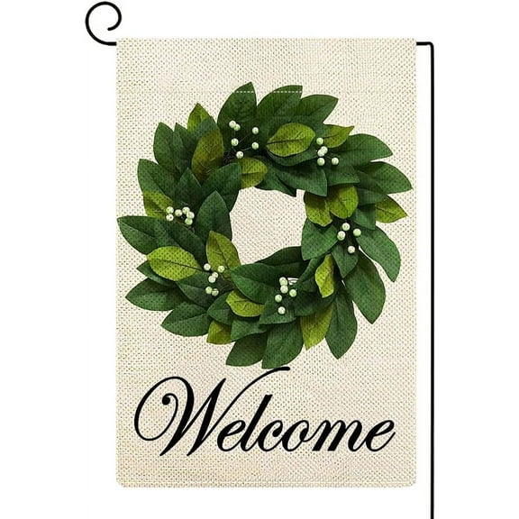 Spring Summer Welcome Wreath Garden Flag Magnolia Leaves Small Yard Flag Vertical Double Sided Burlap Farmhouse Seasonal for Lawn Outdoor Outside Decoration 12.5 x 18 Inch