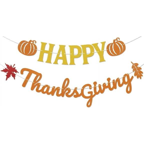 Happy Thanksgiving Banner - Happy Fall Thanksgiving Mantle Fireplace Decorations, Autumn Harvest Holiday Outdoor Home Office Classroom Hanging Decor Gold & Orange Glitter