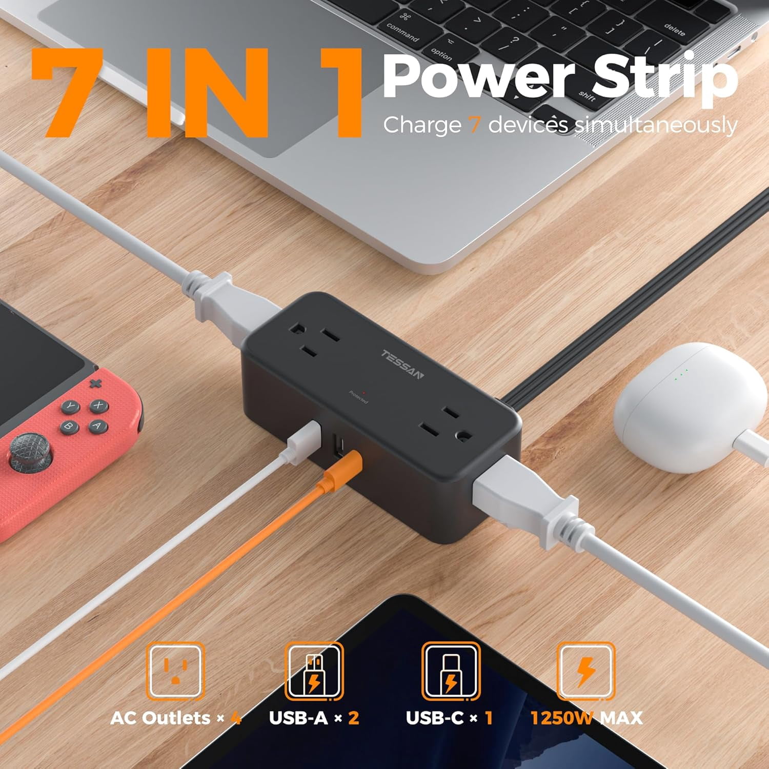 Black Extension Cord 5 Ft, Flat Surge Protector Power Strip with 4 Wide Spaced AC Outlets 3 USB Ports (1 USB C), Ultra Thin Flat Plug with 900J Surge Protection, Office Dorm Room Essentials