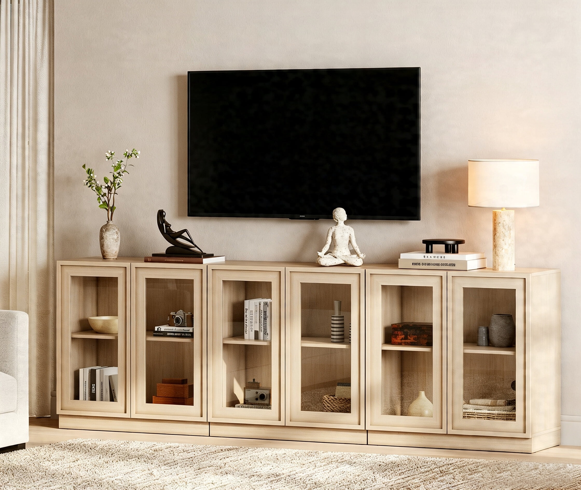 WAMPAT Modern TV Stand for TVs Up to 100", 3-in-1 Entertainment Center TV Console with 6 Glass Doors and Adjustable Shelf, Wooden Media Console Cabinet for Living Room, Bedroom, Beige