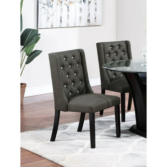 2pcs Dining Chairs, Modern Style With Wingback, Ash Black Polyfiber Fabric Seat, Birch Wood W/ , Button , Dark -colored Frame For Area Upholstery, Wingback Design Tufting, And Rubber Frame, Finish