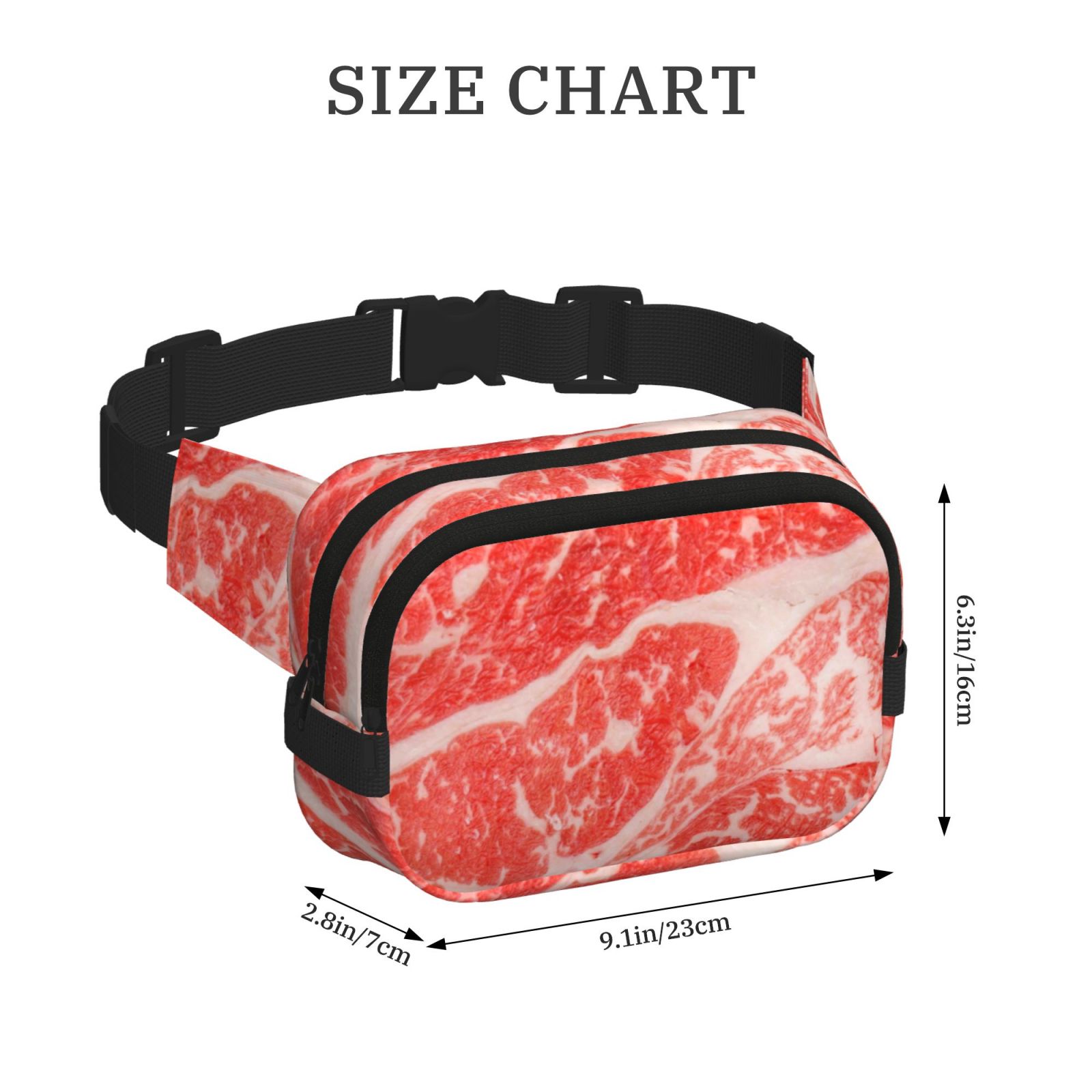 Picia Beef Steaks Print Square Double-Layer Waist Bag Mini Adjustable Waist Belt Bag Exercise Running Travel Hiking